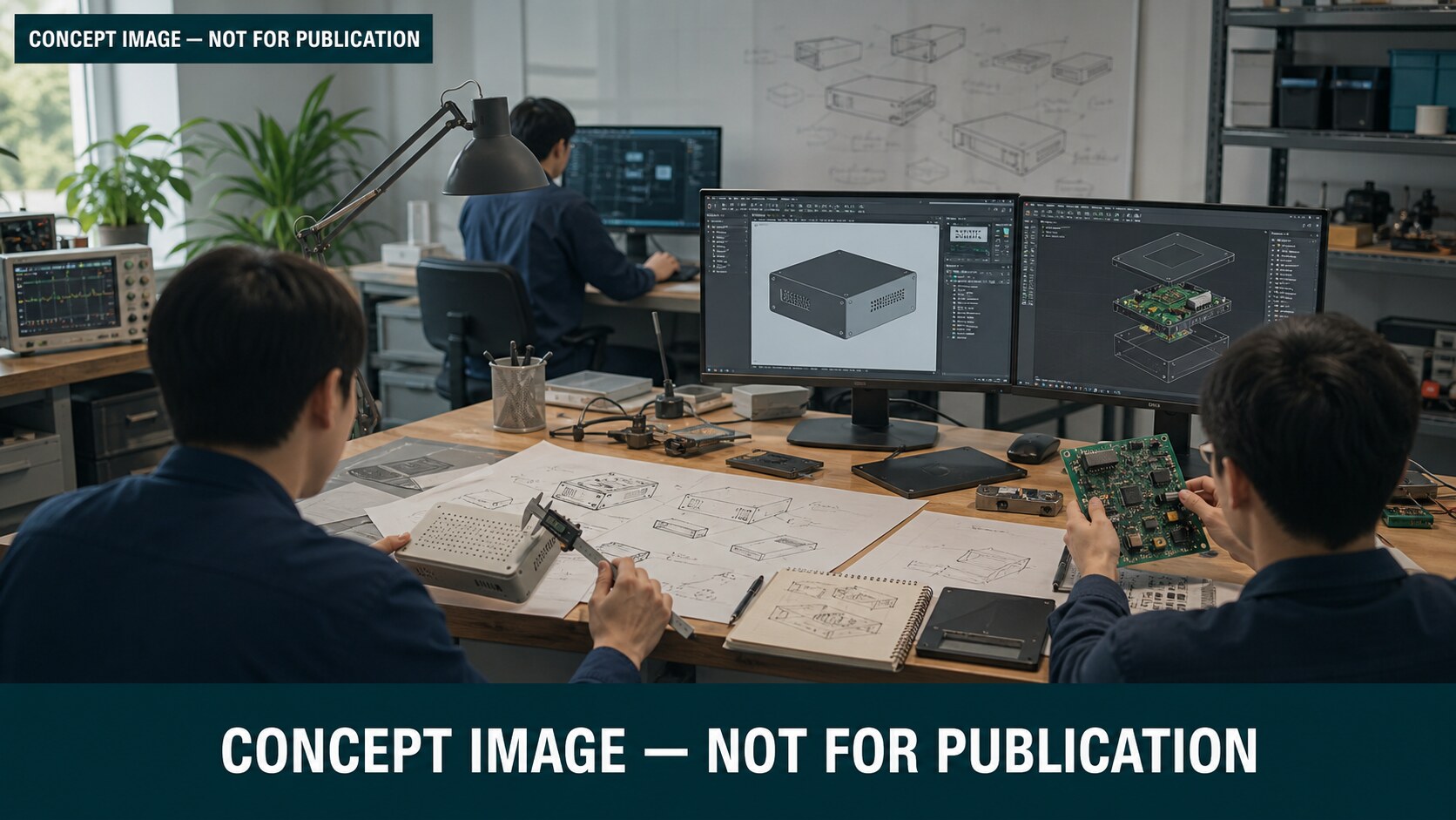 Concept image of engineers developing a generic electronics prototype.