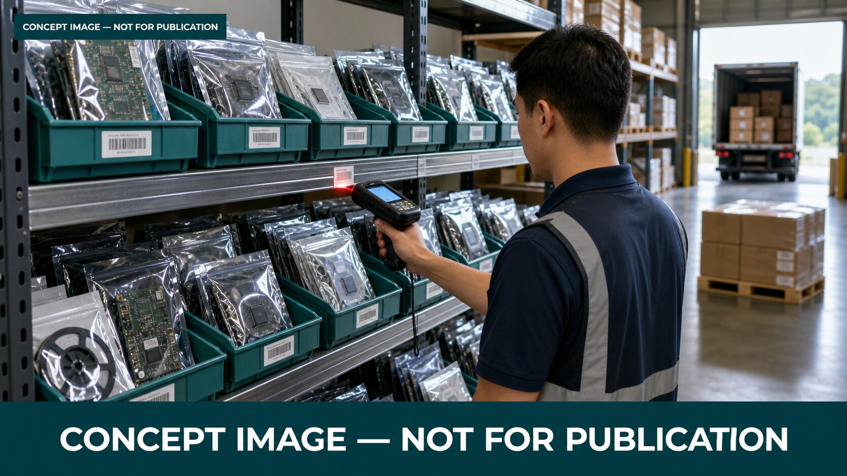 Concept image of barcode-controlled electronic component inventory.