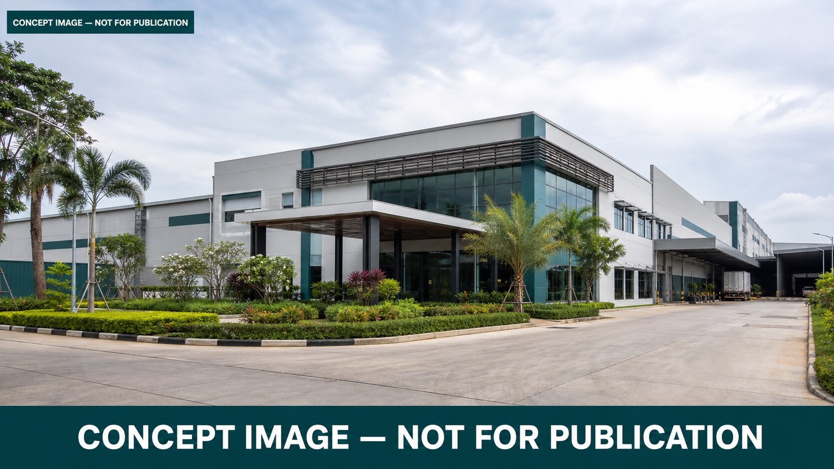 Concept image of a modern electronics factory in a tropical industrial park.